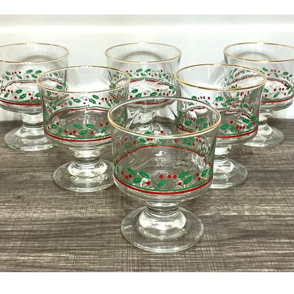 Arby's Holly Berry Vintage Gold Rim Footed Swirl Dessert Cups-Set of 6 - Picture 1 of 3